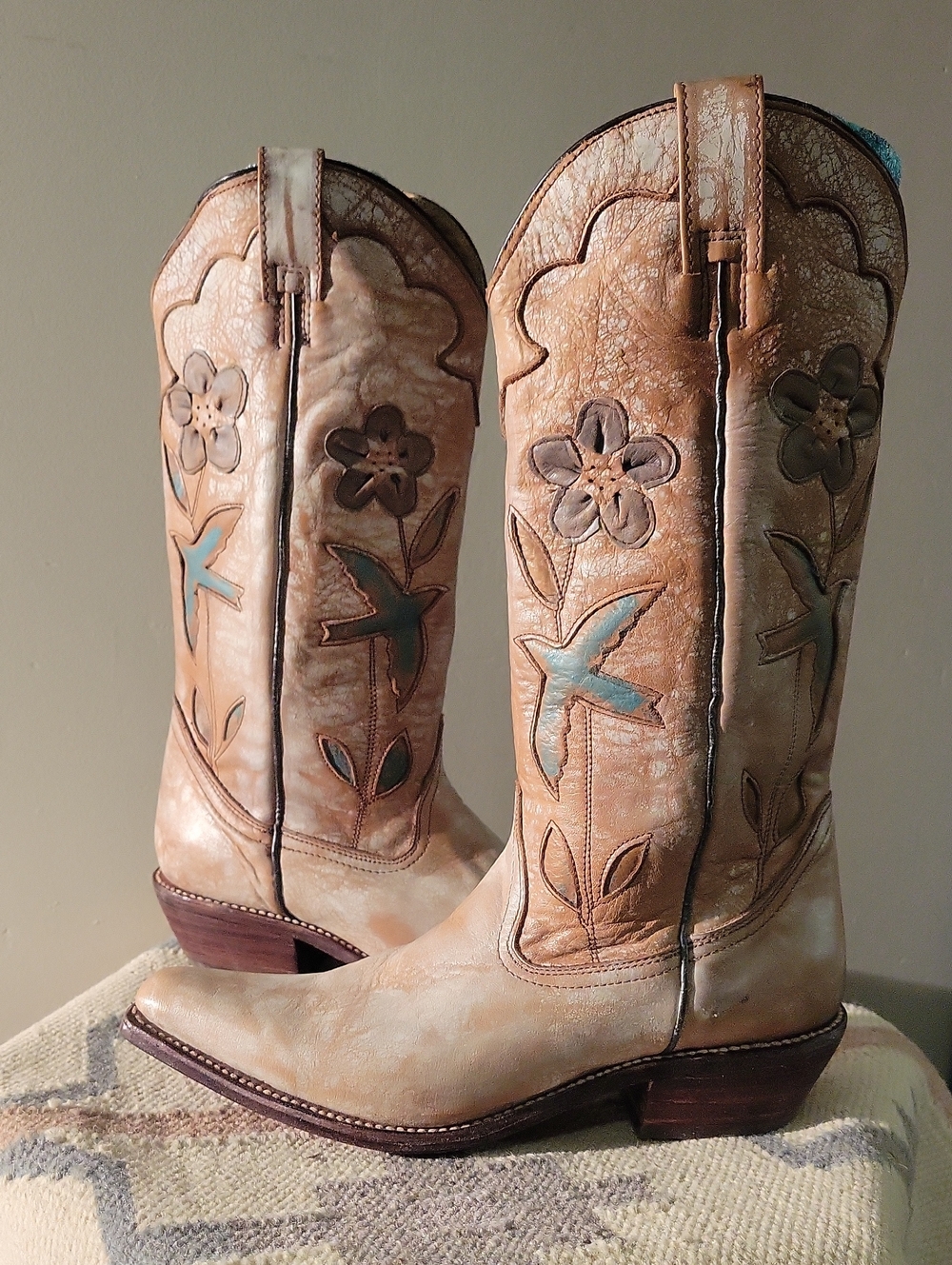 Bed Stu Tan Leather Heeled Cowboy Boots with Teal Bird Appliqué